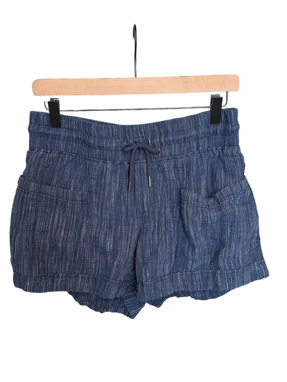 Athletic Cabo linen shorts blue stripe pull on drawstring‎ pockets beach coastal